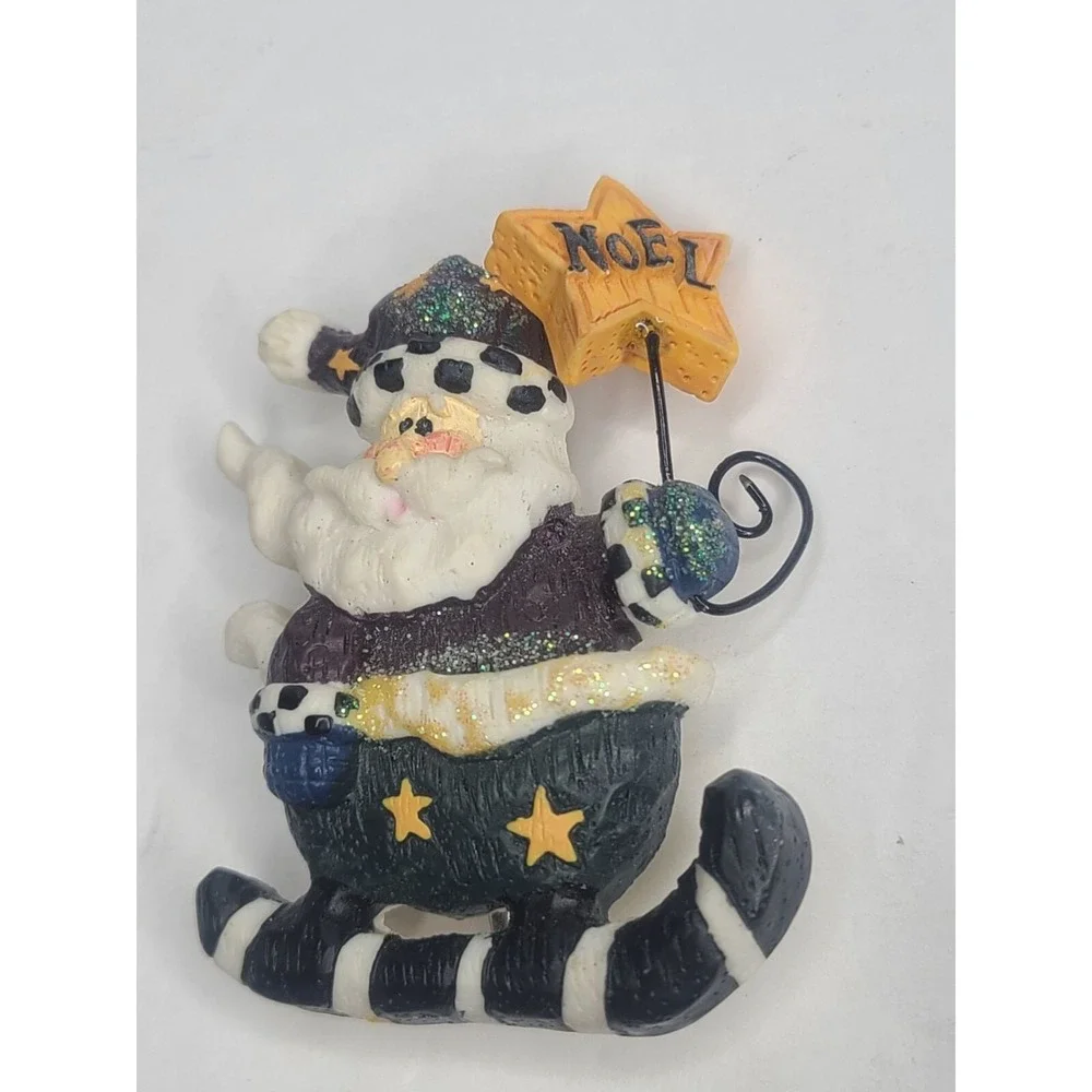 Vintage Santa Claus Noel Brooch - Funny Christmas Pin With Star & Glitter Accent